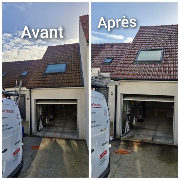 Toiture nettoyée — avant / après, chantier M. Charpentier