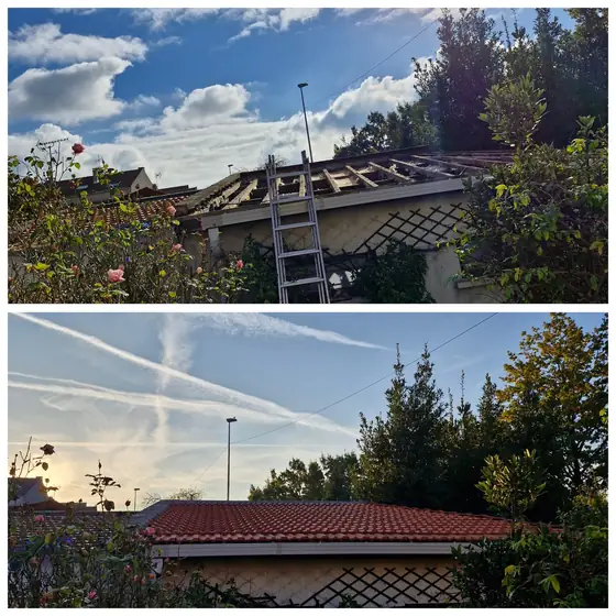 Charpente mise à nu pendant une rénovation de toiture par M. Charpentier, puis toiture refaite en tuiles