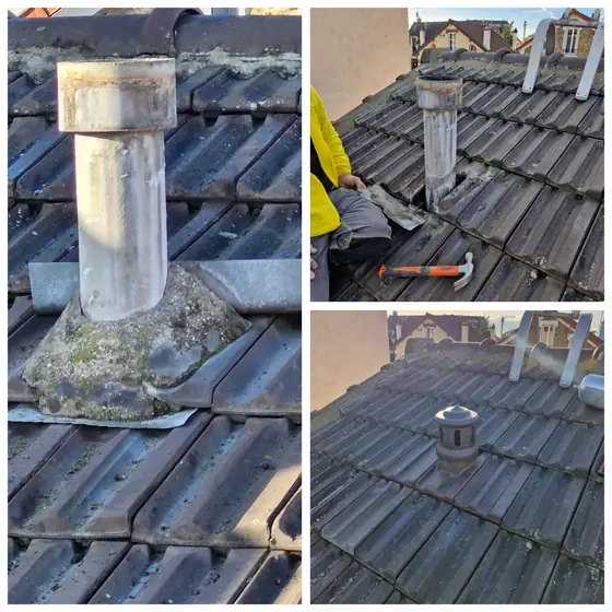 Reprise d'étanchéité autour d'une sortie de ventilation sur une toiture en tuiles par M. Charpentier