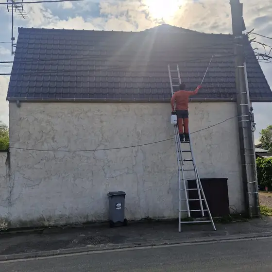 Artisan de M. Charpentier traitant la façade et le mur pignon d'une maison depuis une échelle